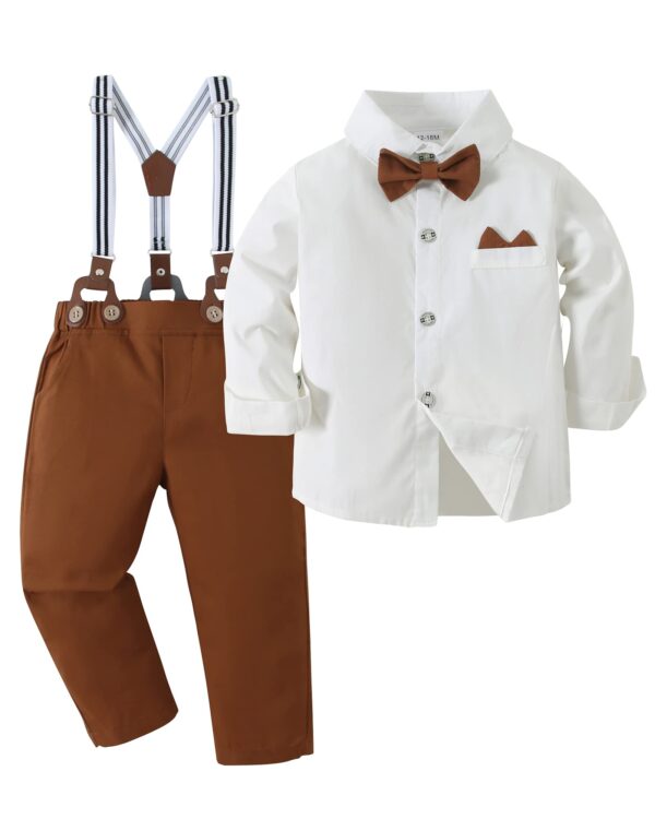 YALLET Toddler Baby Boy Clothes Suit Gentleman Wedding Outfits, Formal Dress Shirt+Bowtie+Vest+Boutonniere+Suspender Pants, L White, 4-5T dress material - Bailly - Premium Dress Materials for Every Occasion