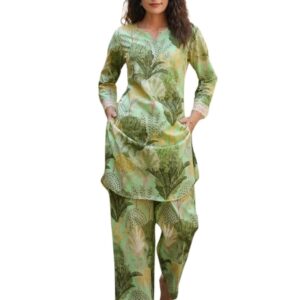NAINVISH Women's Green Printed Straight Cotton Blend V-Neck Co-ord Set (SD682_KB-L) dress material - Bailly - Premium Dress Materials for Every Occasion