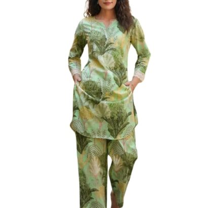 NAINVISH Women's Green Printed Straight Cotton Blend V-Neck Co-ord Set (SD682_KB-L) dress material - Bailly - Premium Dress Materials for Every Occasion