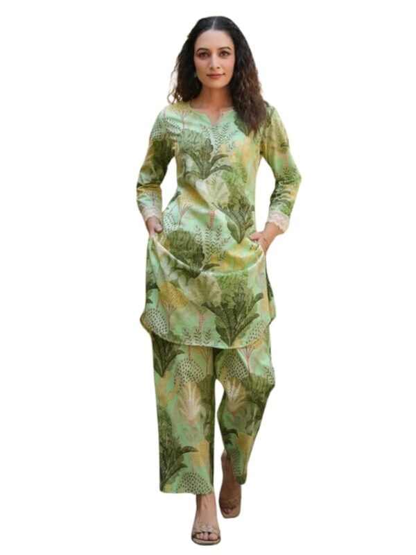 NAINVISH Women's Green Printed Straight Cotton Blend V-Neck Co-ord Set (SD682_KB-L) dress material - Bailly - Premium Dress Materials for Every Occasion