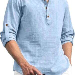 Zombom Cotton Blend Solid Casual Regular Fit Mandarin/Chinese Collor Short Kurta for Men Sky Blue dress material - Bailly - Premium Dress Materials for Every Occasion