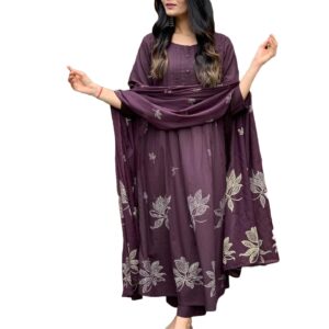 GoSriKi Women's Rayon Blend Anarkali Printed Kurta with Pant & Dupatta (Gangori Wine-GS_M_Wine_Medium) dress material - Bailly - Premium Dress Materials for Every Occasion