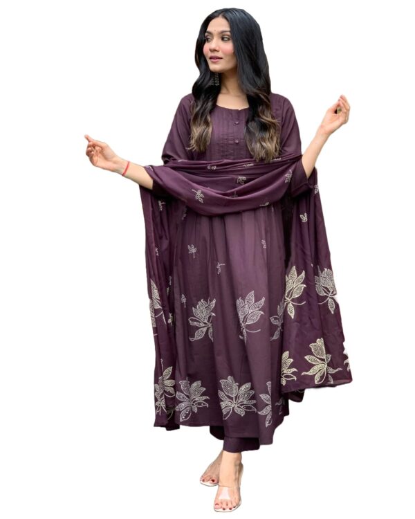 GoSriKi Women's Rayon Blend Anarkali Printed Kurta with Pant & Dupatta (Gangori Wine-GS_M_Wine_Medium) dress material - Bailly - Premium Dress Materials for Every Occasion