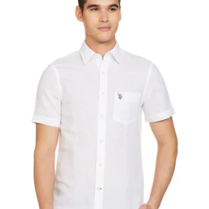 U.S. POLO ASSN. Men's Solid Cotton Linen Tailored Fit Spread Collar Half Sleeve Casual Shirt (USSHTC0067H_White_2XL) dress material - Bailly - Premium Dress Materials for Every Occasion