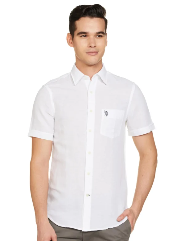 U.S. POLO ASSN. Men's Solid Cotton Linen Tailored Fit Spread Collar Half Sleeve Casual Shirt (USSHTC0067H_White_2XL) dress material - Bailly - Premium Dress Materials for Every Occasion