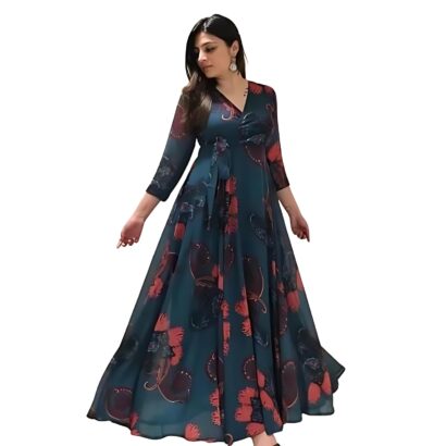 Fashion2wear Women's Georgette Floral Print Maxi Dress with V Neck 3/4 Sleeves Full Length | Maxi Dress for Woman | Blue_XXXL dress material - Bailly - Premium Dress Materials for Every Occasion