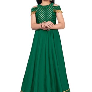 Fashion Dream Girls Green Taffeta Foil Printed Fit and Flared Maxi Dress(Green_13-14 Year) dress material - Bailly - Premium Dress Materials for Every Occasion