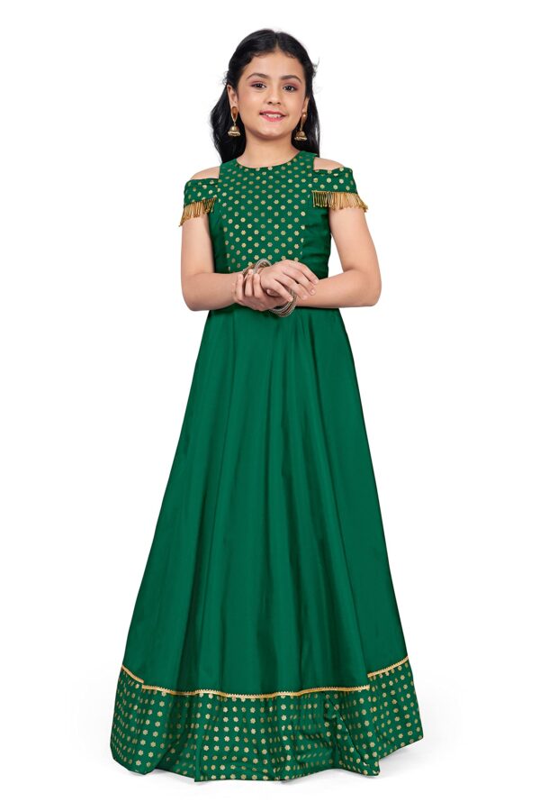 Fashion Dream Girls Green Taffeta Foil Printed Fit and Flared Maxi Dress(Green_13-14 Year) dress material - Bailly - Premium Dress Materials for Every Occasion