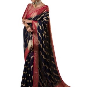 AKHILAM Women's Woven Design Abstract Georgette Kanjeevaram Saree With Unstiched Blouse Piece (Navy Blue_ARYA4002_FL) dress material - Bailly - Premium Dress Materials for Every Occasion