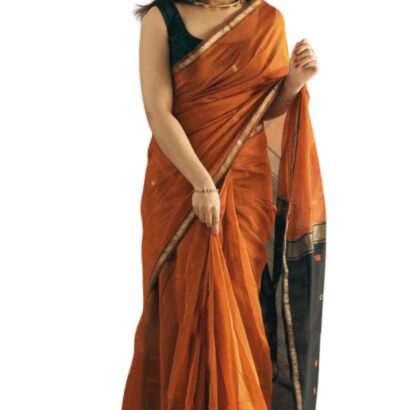 ZECVA Women's Pure Spun Linen Cotton Lichi Silk Saree With Attach Unstitch Blouse Piece (DARK ORANGE BLACK) dress material - Bailly - Premium Dress Materials for Every Occasion