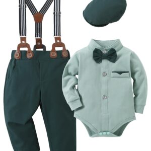 SOLOYEE Baby Boy Clothes Suits 0-24M Infant Gentleman Outfits Long Sleeve Dress+Suspender Pants+Bowtie+Beret Hat Wedding Set, Green, 12-18 Months dress material - Bailly - Premium Dress Materials for Every Occasion