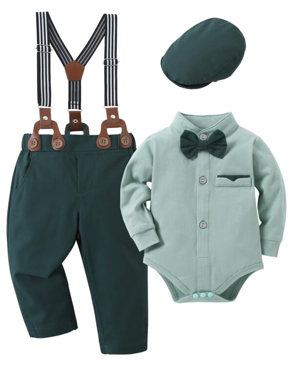 SOLOYEE Baby Boy Clothes Suits 0-24M Infant Gentleman Outfits Long Sleeve Dress+Suspender Pants+Bowtie+Beret Hat Wedding Set, Green, 12-18 Months dress material - Bailly - Premium Dress Materials for Every Occasion