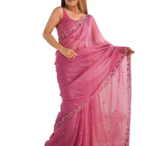 AKHILAM Women's Pink Paper Silk Embroidered Saree With Unstitched Blouse (KESARI11902_KR) dress material - Bailly - Premium Dress Materials for Every Occasion