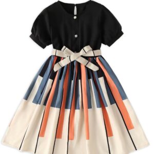 PAMBERSTON Girls Geometric Print Dress for Kids, Fit and Flare, Round Neck, Frock for Girls (Black, 9 Years) dress material - Bailly - Premium Dress Materials for Every Occasion