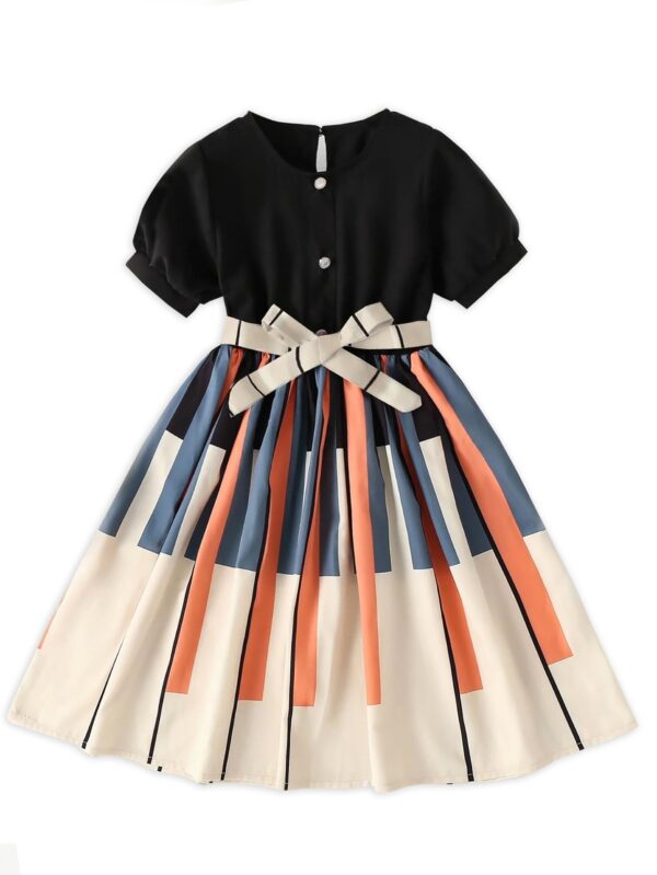 PAMBERSTON Girls Geometric Print Dress for Kids, Fit and Flare, Round Neck, Frock for Girls (Black, 9 Years) dress material - Bailly - Premium Dress Materials for Every Occasion