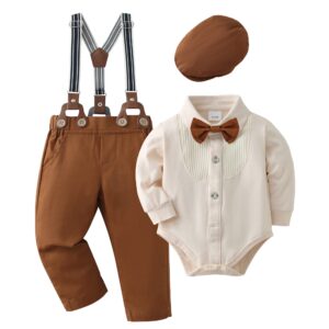 YUEMION Baby Boy Clothes Wedding Outfit Suits, 0-18 Months Infant Boy Gentleman Set, Dress Shirt+Vest+Suspender Pants+Bowtie, L Beige - Long Sleeve, 18-24 Months dress material - Bailly - Premium Dress Materials for Every Occasion