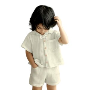 Kidbea Kids 100% Linen Solid Shirt & Pant Co-Ord Set | Elegant & Comfortable Summer Wear | Stylish Short-Sleeve Shirt With Bow & Comfy Shorts - Off White, 1-2 Years dress material - Bailly - Premium Dress Materials for Every Occasion