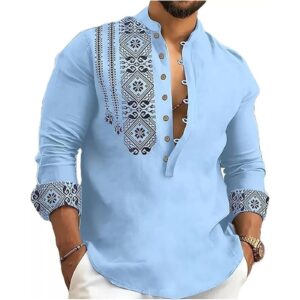 DEELMO Men's Cotton Blend Mandarin Collar Regular Fit Full Sleeve Casual Short Kurta, Light Blue, L dress material - Bailly - Premium Dress Materials for Every Occasion
