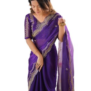 SIRIL Women's Shimmer Chiffon Sequence Embroidery Scalloped Border Saree With Unstitched Blouse Piece (4317S167_Purple) dress material - Bailly - Premium Dress Materials for Every Occasion
