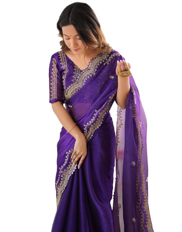 SIRIL Women's Shimmer Chiffon Sequence Embroidery Scalloped Border Saree With Unstitched Blouse Piece (4317S167_Purple) dress material - Bailly - Premium Dress Materials for Every Occasion