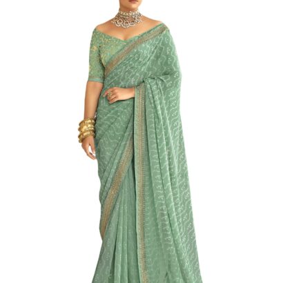 SIRIL Women's Georgette Bandhani Printed and Lace Saree with Unstitched Blouse Piece (2302S131_Mint Green) dress material - Bailly - Premium Dress Materials for Every Occasion