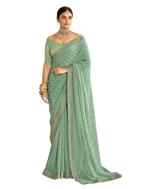 SIRIL Women's Georgette Bandhani Printed and Lace Saree with Unstitched Blouse Piece (2302S131_Mint Green) dress material - Bailly - Premium Dress Materials for Every Occasion