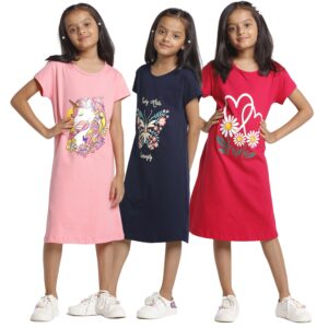 T2F Girl's Cotton Knee Length Casual Nightgown (GLS-GOWN-02_Multicolor_7-8 Years) dress material - Bailly - Premium Dress Materials for Every Occasion