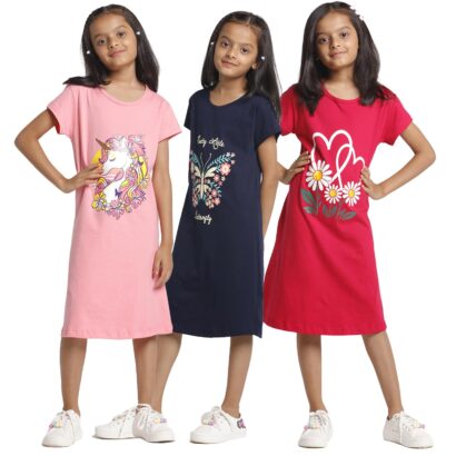T2F Girl's Cotton Knee Length Casual Nightgown (GLS-GOWN-02_Multicolor_7-8 Years) dress material - Bailly - Premium Dress Materials for Every Occasion
