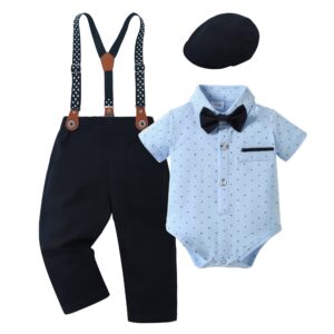 YALLET Baby Boy Clothes Suit Newborn Infant Gentleman Outfits, Formal Dress Shirt+Bowtie+Suspender Shorts Wedding Party Set, Short Sleeve Blue, 12-18 Months dress material - Bailly - Premium Dress Materials for Every Occasion