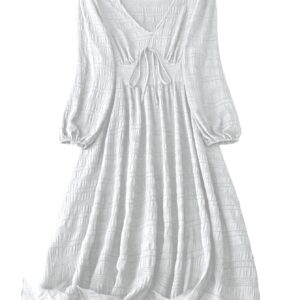 Shasmi Women's & Girl's White Dress for Women Midi, One Piece Dress for Women's Casual Dress, Solid Textured Lantern Sleeve Tie Front V Neck Midi Dress (Dress 123 White-L) dress material - Bailly - Premium Dress Materials for Every Occasion