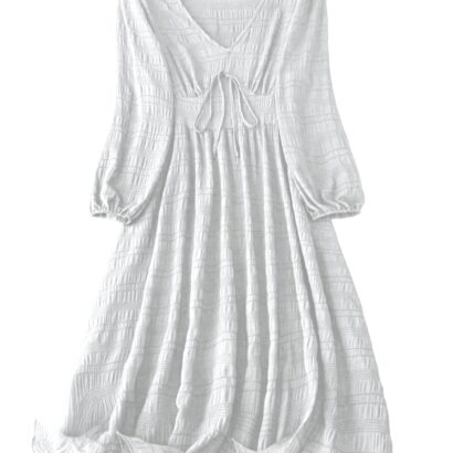Shasmi Women's & Girl's White Dress for Women Midi, One Piece Dress for Women's Casual Dress, Solid Textured Lantern Sleeve Tie Front V Neck Midi Dress (Dress 123 White-L) dress material - Bailly - Premium Dress Materials for Every Occasion
