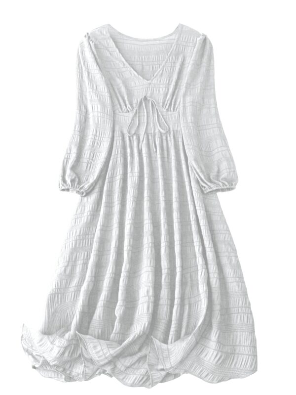 Shasmi Women's & Girl's White Dress for Women Midi, One Piece Dress for Women's Casual Dress, Solid Textured Lantern Sleeve Tie Front V Neck Midi Dress (Dress 123 White-L) dress material - Bailly - Premium Dress Materials for Every Occasion