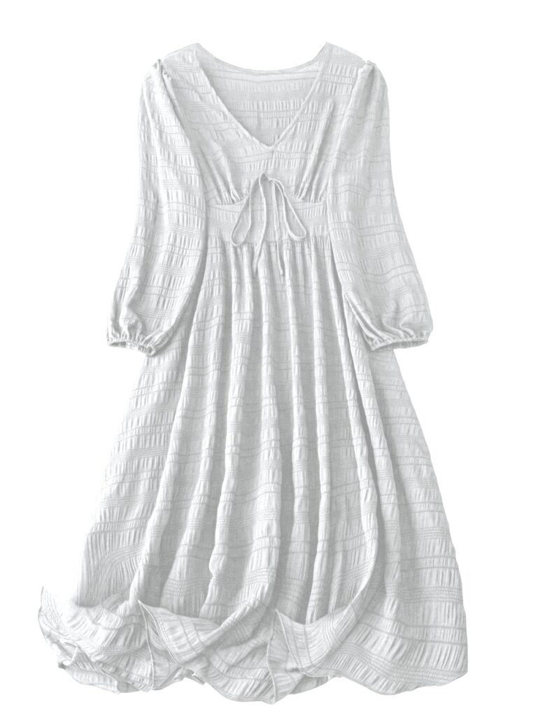 Shasmi Women's & Girl's White Dress for Women Midi, One Piece Dress for Women's Casual Dress, Solid Textured Lantern Sleeve Tie Front V Neck Midi Dress (Dress 123 White-L) dress material - Bailly - Premium Dress Materials for Every Occasion