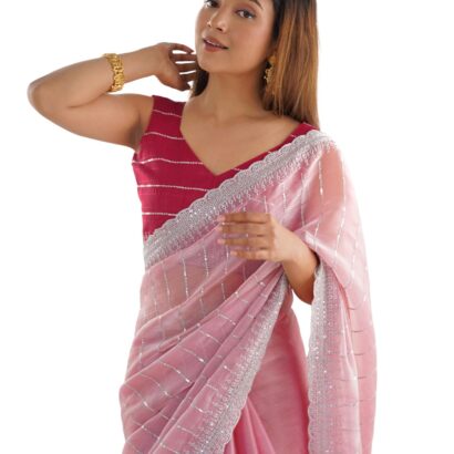 SIRIL Women's Shimmer Chiffon Sequence Embroidery Saree With Unstitched Blouse Piece for Wedding and Parties (4136S157_Pastel Pink) dress material - Bailly - Premium Dress Materials for Every Occasion