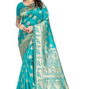 C J Enterprise Women's Pure Kanjivaram Soft Silk Saree Banarasi Design Wear Pattu Sarees Latest Party Cotton Sari collections With Blouse Piece for Wedding sadi new ladies 2025 (Pari9016-51) (Firozi) dress material - Bailly - Premium Dress Materials for Every Occasion