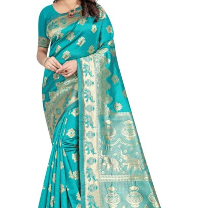 C J Enterprise Women's Pure Kanjivaram Soft Silk Saree Banarasi Design Wear Pattu Sarees Latest Party Cotton Sari collections With Blouse Piece for Wedding sadi new ladies 2025 (Pari9016-51) (Firozi) dress material - Bailly - Premium Dress Materials for Every Occasion