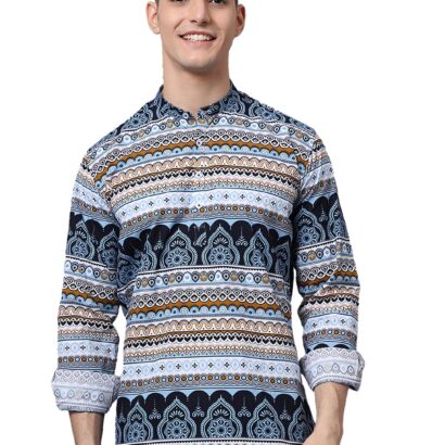 Majestic Man Cotton Printed Designer Slim Fit Short Kurta for Men (Sky Blue, X-Large) dress material - Bailly - Premium Dress Materials for Every Occasion