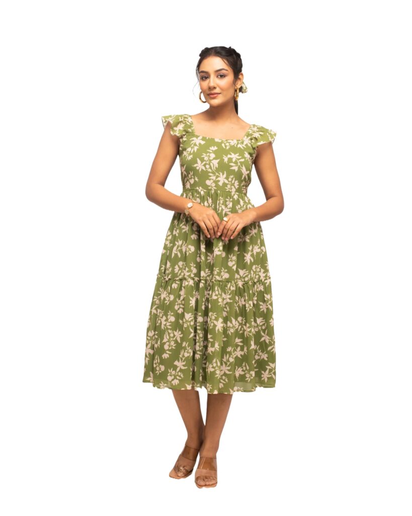 FIORRA Women's Mehandi Green Georgette Floral Printed Dress DR0015 dress material - Bailly - Premium Dress Materials for Every Occasion