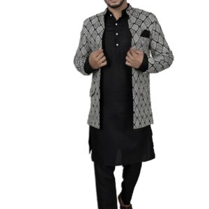 Amzira Men's Jacquard Casual Regular Printed Full Sleeve Knee Length Kurta Pyjama With Long Koti Jacket/Waistcoat 3 Piece Ethnic Wear Set (L) dress material - Bailly - Premium Dress Materials for Every Occasion