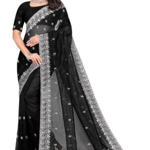 SHREE LAHERI Women's Embroidery Work Net Fabric Saree For Women With Unstitched Blouse Piece (Black) dress material - Bailly - Premium Dress Materials for Every Occasion