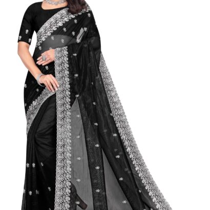 SHREE LAHERI Women's Embroidery Work Net Fabric Saree For Women With Unstitched Blouse Piece (Black) dress material - Bailly - Premium Dress Materials for Every Occasion