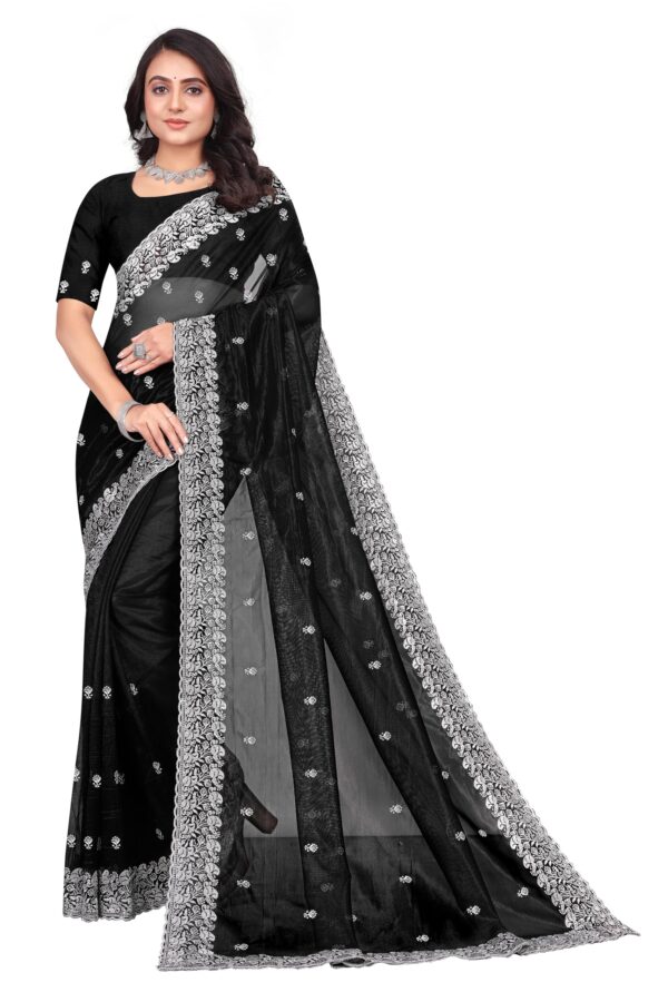 SHREE LAHERI Women's Embroidery Work Net Fabric Saree For Women With Unstitched Blouse Piece (Black) dress material - Bailly - Premium Dress Materials for Every Occasion