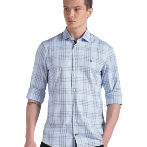Tommy Hilfiger Blue Cotton Checks Spread Collar Full Sleeve Slim Fit Men Shirt (F23HMWT063) Size-38 dress material - Bailly - Premium Dress Materials for Every Occasion