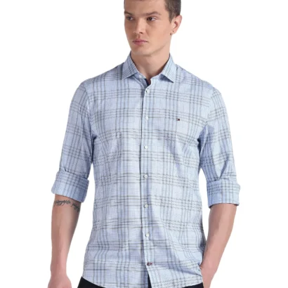 Tommy Hilfiger Blue Cotton Checks Spread Collar Full Sleeve Slim Fit Men Shirt (F23HMWT063) Size-38 dress material - Bailly - Premium Dress Materials for Every Occasion
