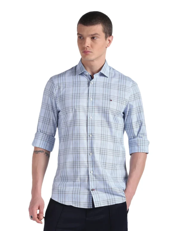 Tommy Hilfiger Blue Cotton Checks Spread Collar Full Sleeve Slim Fit Men Shirt (F23HMWT063) Size-38 dress material - Bailly - Premium Dress Materials for Every Occasion
