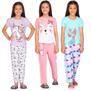 TotzTouch Cotton Girls Night Wear T Shirt & Pyjama | Night Dress For Girl Kids | Night Dresses Tee Top & Pajama Set Set Of 3 (Size Options - Age 7-8 Year) Light Pink dress material - Bailly - Premium Dress Materials for Every Occasion